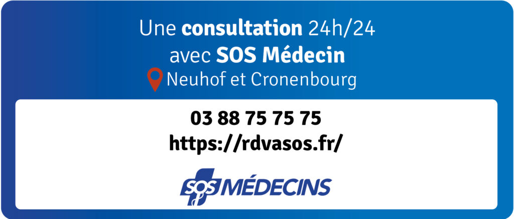 Image de texte "Une consultation 24h/24 avec SOS médecin Neuhof et Cronenbourg - 03 88 75 75 75 
 https://rdvasos.fr/"