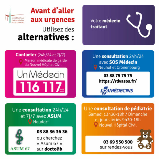 Alternatives aux urgences : votre médecin traitant ou un médecin 116 117 (24h/24) ou SOS médecins 24h/24 (Neuhof et Cronenbourg) : 03 88 75 75 75 https://rdvasos.fr ou Asum 24h/24 à Neudorf : 03 88 36 36 36 sur doctolib chercher ASUM ou consultation de pédiatrie samedi 13h30-18h / dimanche et jours fériés 9h30-18h au Nouvel Hôpital civil : sur RDV au 03 69 550 500